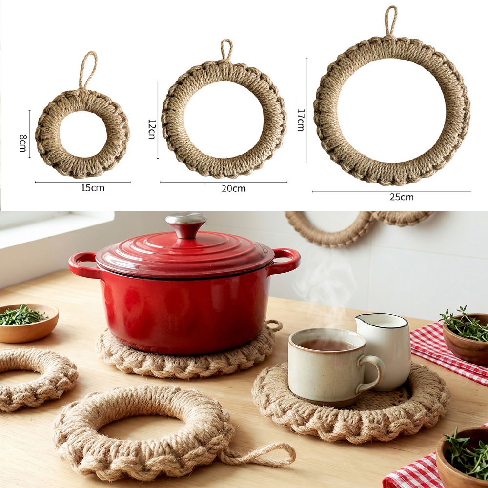 Cast Iron Skillet - 2개의 소박한 황마 직조 트리벳, 보헤미안